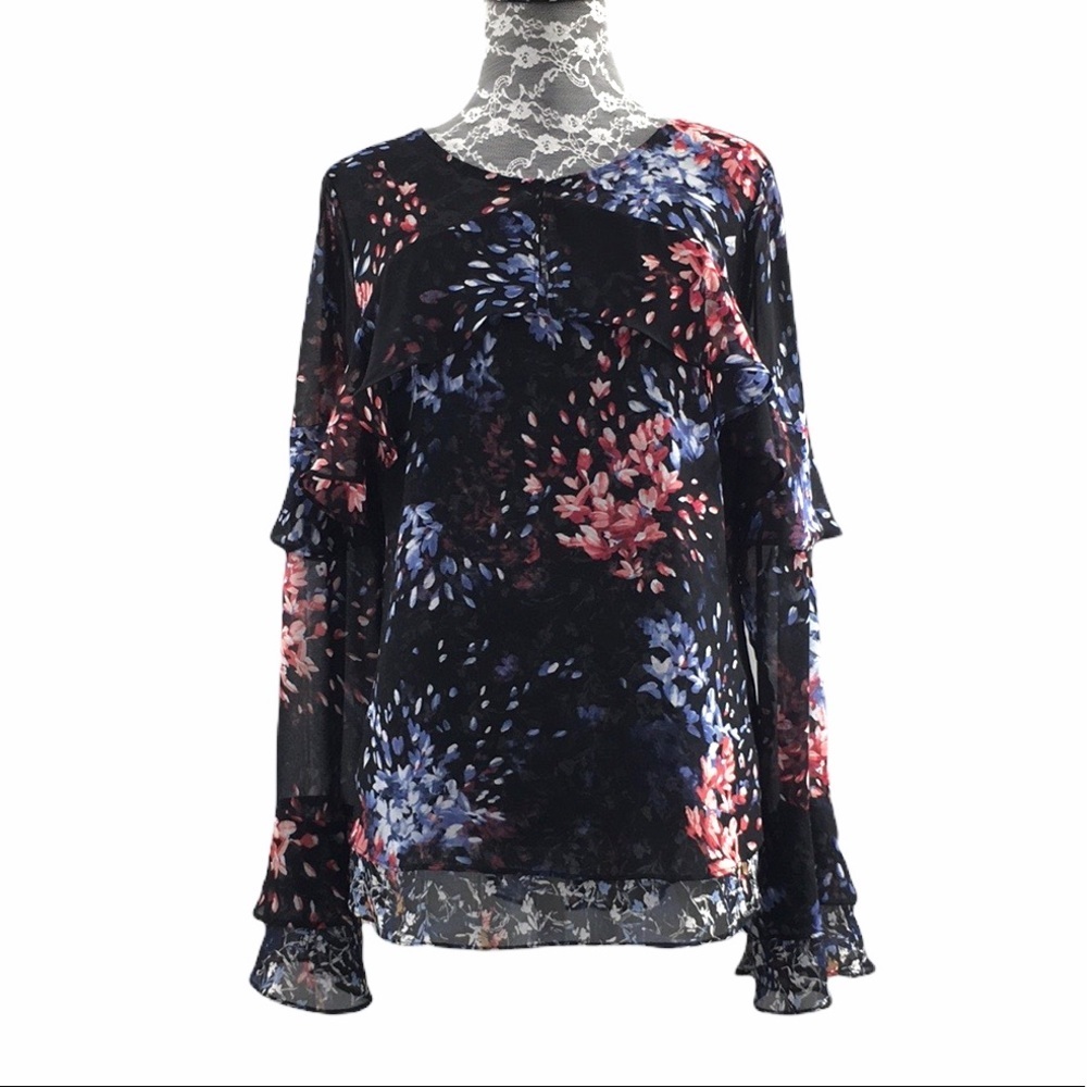 White House Black Market Indigo Floral Flounce Blouse Womens 8 Bell Sleeve